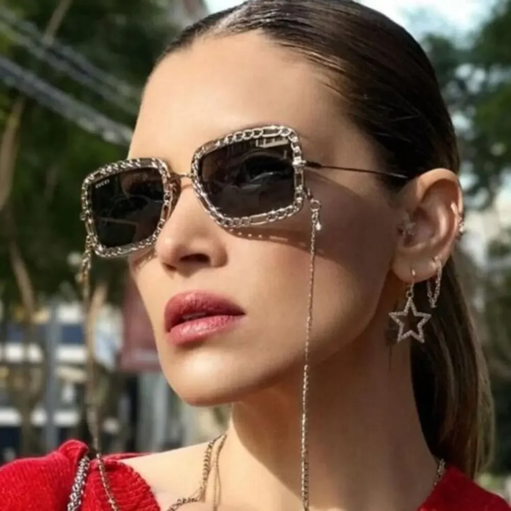 NEW Gucci GG1112S Gold Grey Lens Chain Sunglasses